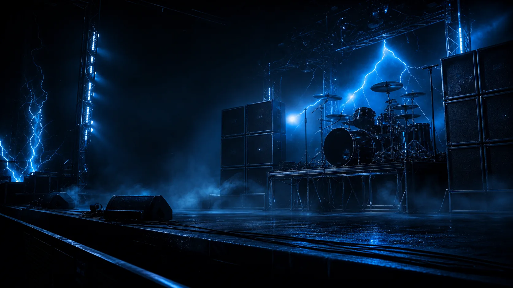 Empty heavy metal stage with a drum riser, amplifiers, blue lightning, and fog